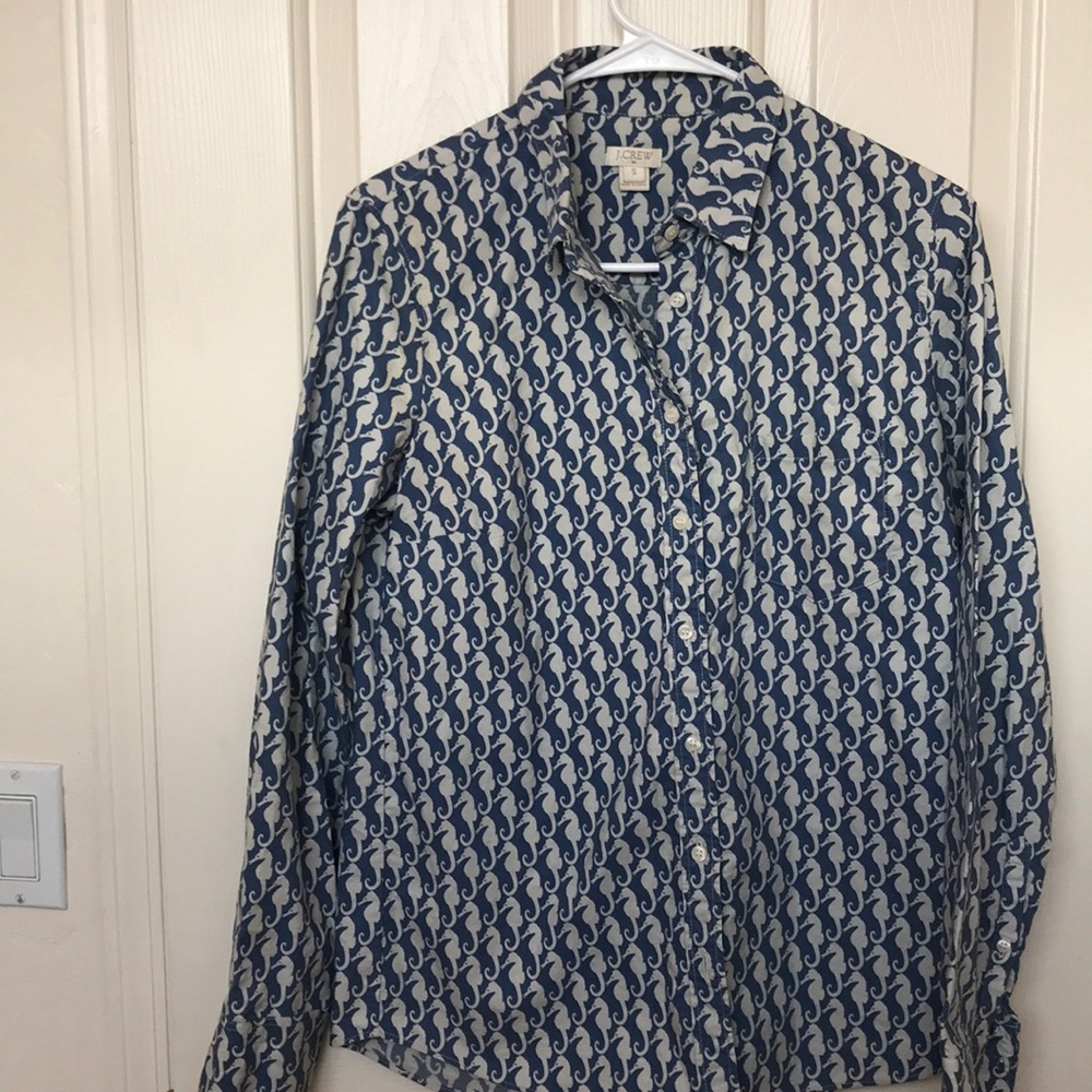 Long Sleeve Seahorse Print J Crew Button Shirt